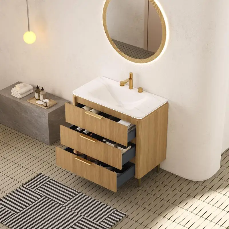 Vanity e lavabo da bagno da 36'', mobiletto indipendente in compensato con griglia ultrasottile, 3 cassetti, pietra bianca Carrara integrata