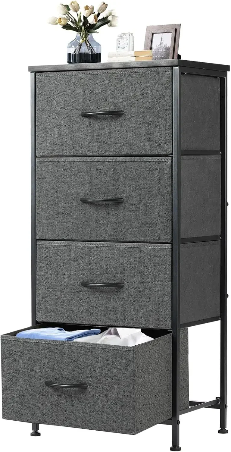 

Nightstand with 4 Drawers Bedside Table with Removable Fabric Bins Sturdy Steel Frame Wood Top Organizer Furniture for Bedroom