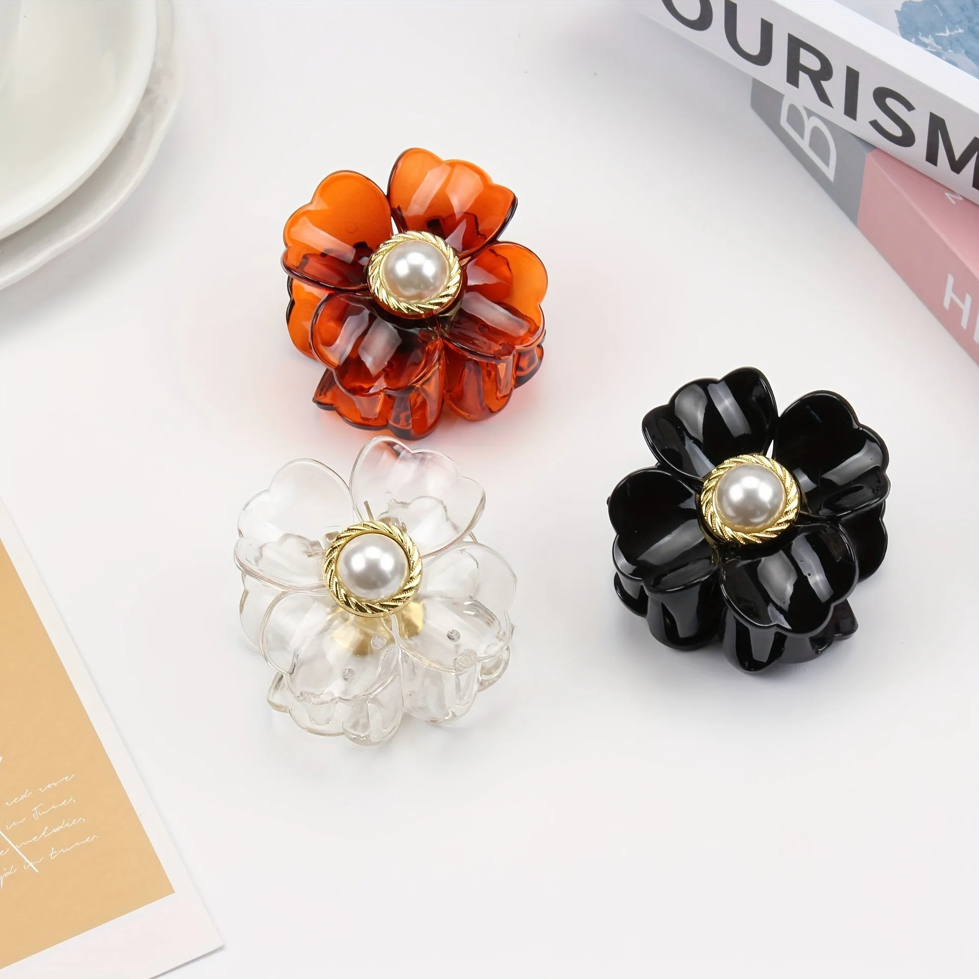 Elegant Flower Shaped Hair Claw Clips With Faux Pearl Decor, Nonslip Hair Clips For Women, Strong Hold Hair Accessory