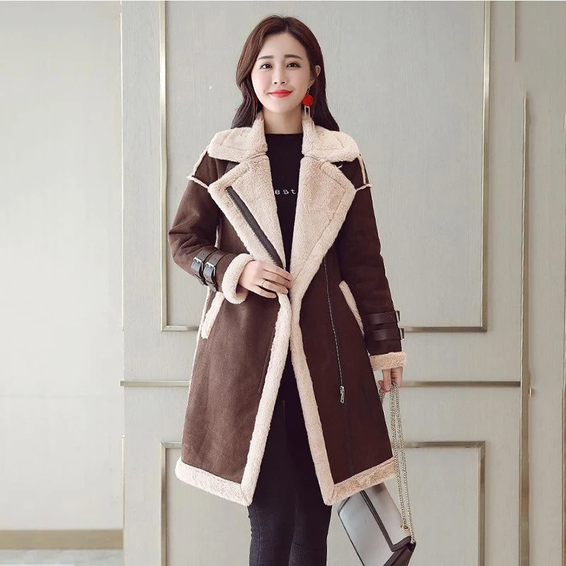 2024 Women\'s Winter Korean Plus Velvet Deerskin Velvet Fur One Lamb Fur Outwear Mid-Length Thick Cotton Coat Female