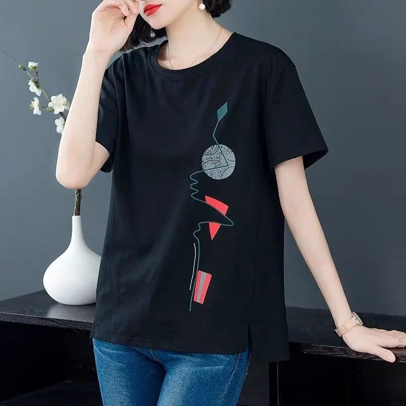 DAYIFUN-Side Opening T-shirt Women's,Summer Korean Simple Printing,Office Ladies' Tshirts,Short Sleeve,Round Neck,Versatile Tops