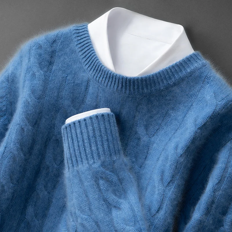 

Men's 100% Pure Cashmere Sweater Solid Color Round Neck Thickened Cable Knit Winter Warm Business Casual Knitted Base Pullover