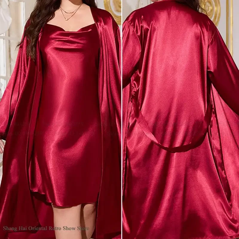 

Plus Size 3XL 4XL 5XL Twinset Robe Set Female Sleepwear Home Dress Spring Summer New Kimono Bathrobe Gown Loose Satin Loungewear