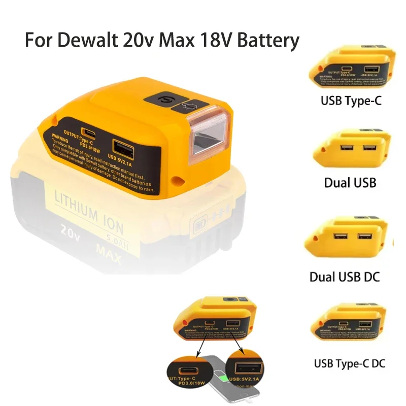 

Для Dewalt 20 В Макс. 18 В Адаптер аккумулятора DCB090 Источник питания с USB TYPE-C Преобразователь мощности 12 В постоянного тока 140LM Светодиодный рабочий фонарь Фонарик