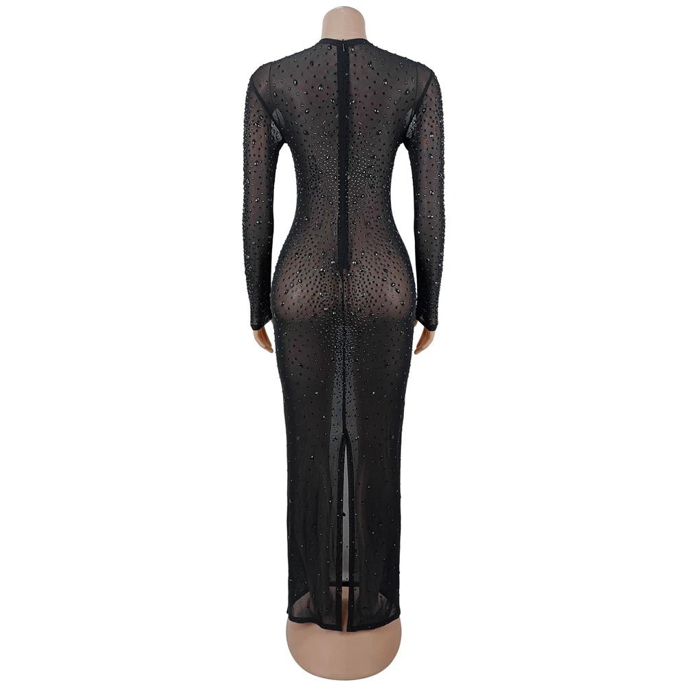 Maternity Photography Dress Black Rhinestone Sheer Mesh Long Sleeve Slim Gown Pregnant Photo Shoot Outfit Baby Bump