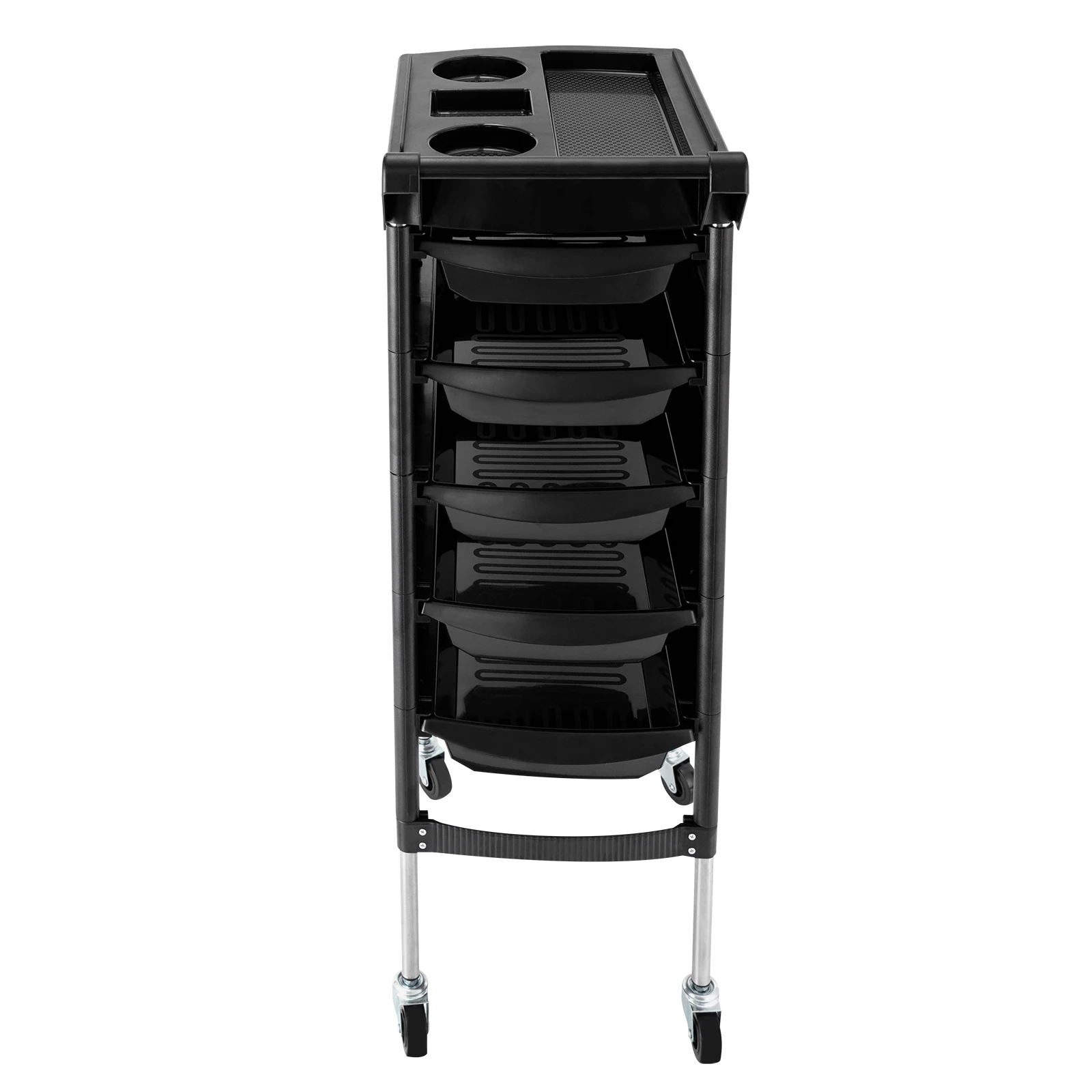 Salon Trolley, with Handle and Rolling Wheels, 5 Drawers and 2 Hair Dryer Holder Side Tray, Black