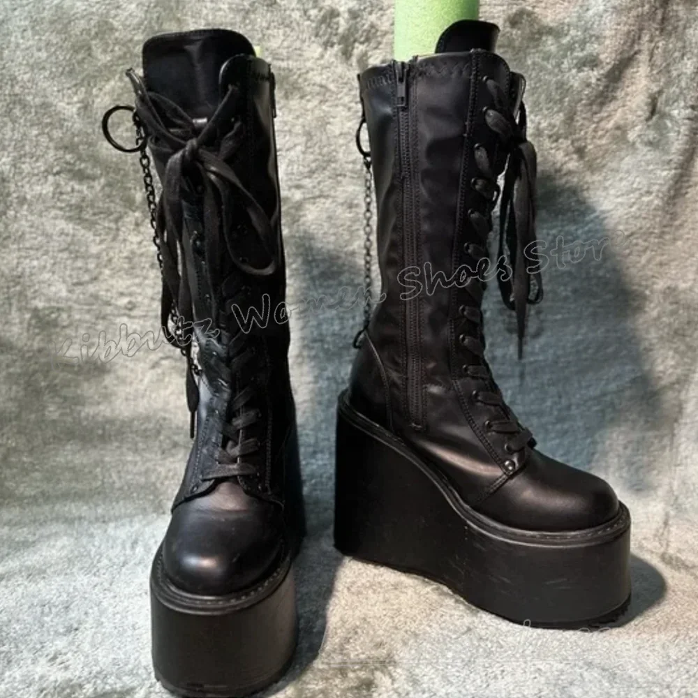 Knee High Boot Platform Sweet Women Shoes Thick Bottom Round Toe Lace-Up Mixed Color Leather Fashion Luxury Elegant Concise Sexy