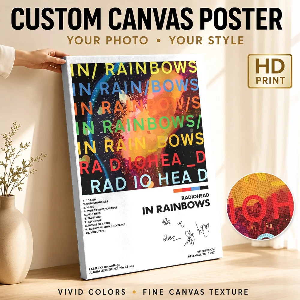 Radiohead In Rainbows Album Framed Canvas Poster Grunge Style Canvas Wall Art With Customized Photo For Bedroom Ideal Fan Gift