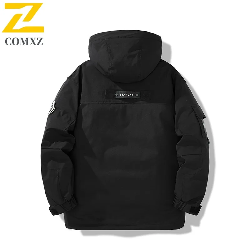 COMXZ Classic Hooded Luxury Men Down Coat Outdoor Camping Cold Protection Jacket Pure Color Design Trekking Warm Winter Coat