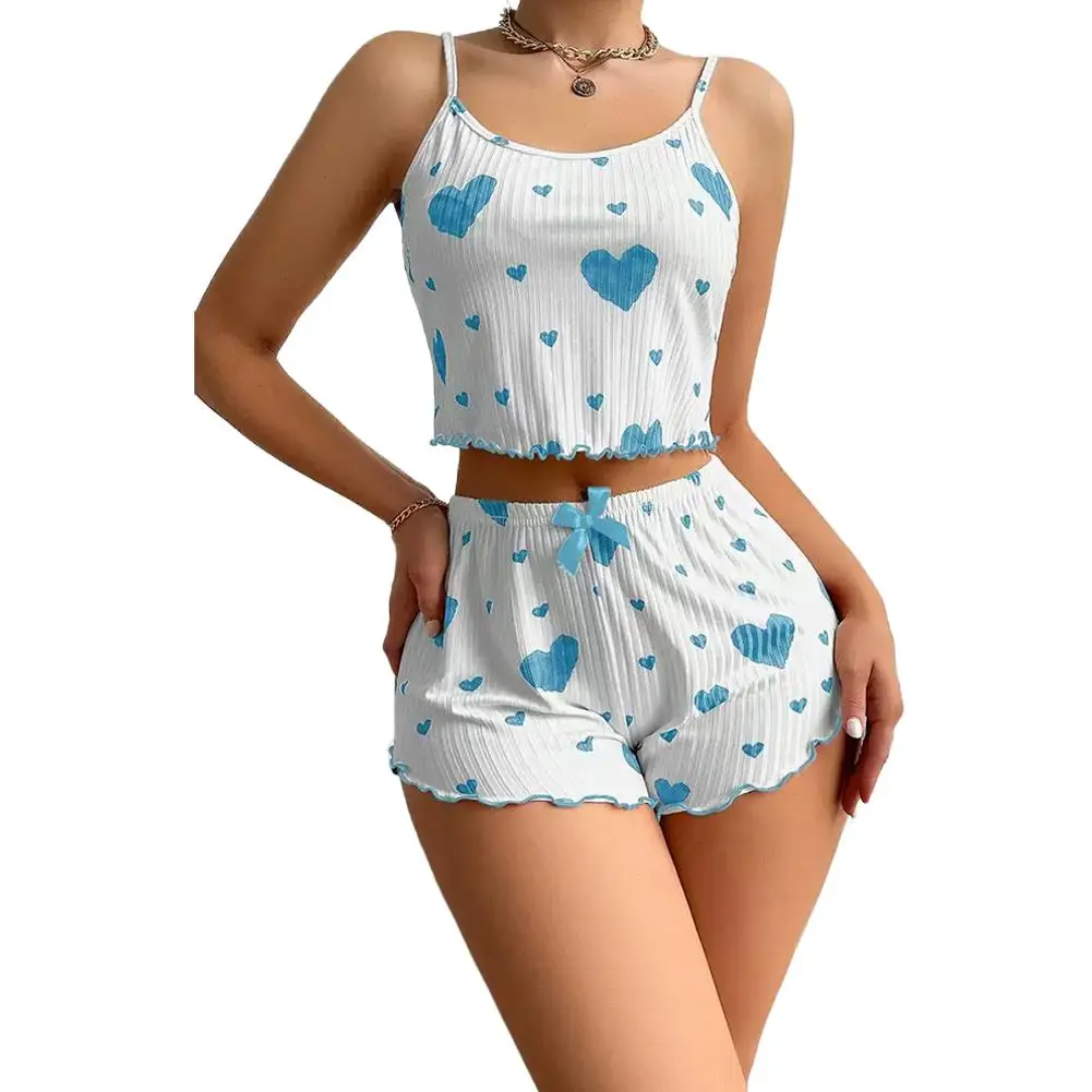 

Новый летний женский пижамный комплект, дышащие мягкие повседневные шорты с принтом «Любовь», милые домашние шорты с ремешками, пижамы с принтом «Любовь», одежда для сна