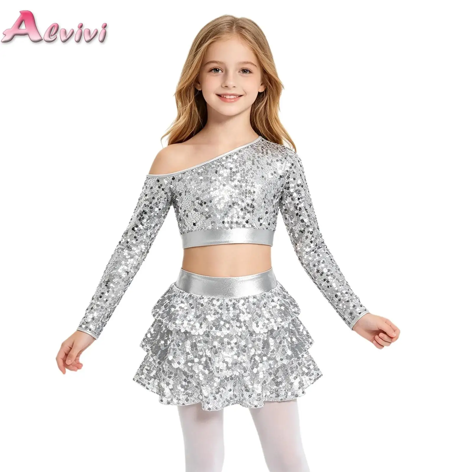 Kids Girls Sequins Jazz Dance Costume One Shoulder Long Sleeve Crop Top Tiered Ruffle Shiny Culottes for Performance Competition