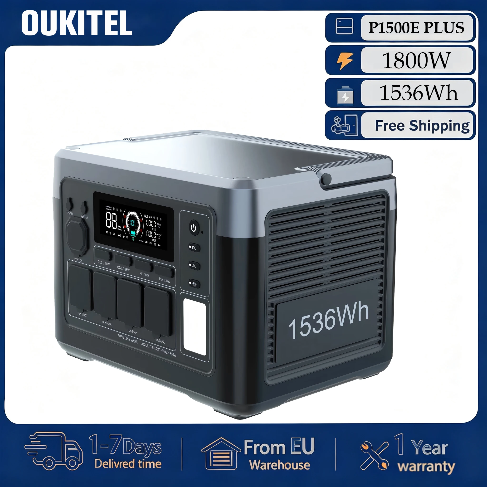 OUKITEL P1500 Plus 1800W 1536Wh Tragbare Powerstation, Camping RV Heim-Notstrom-Solar-Backup