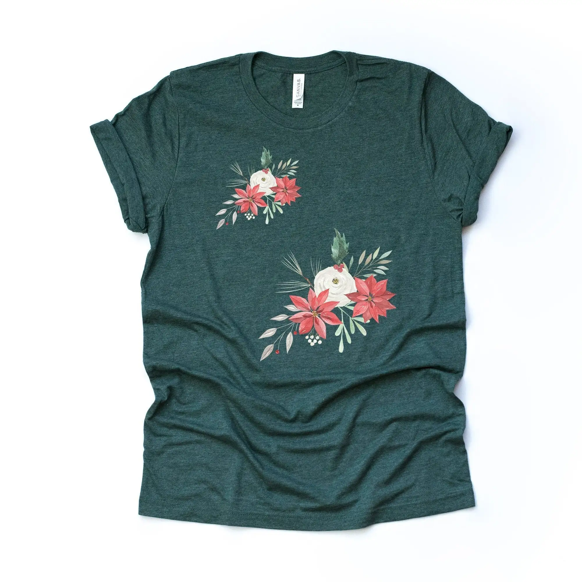 Christmas T Shirt Flowers Beautiful Poinsettias Design On Premium Bella Canvas Unisex 3 Color Choices Plus Sizes