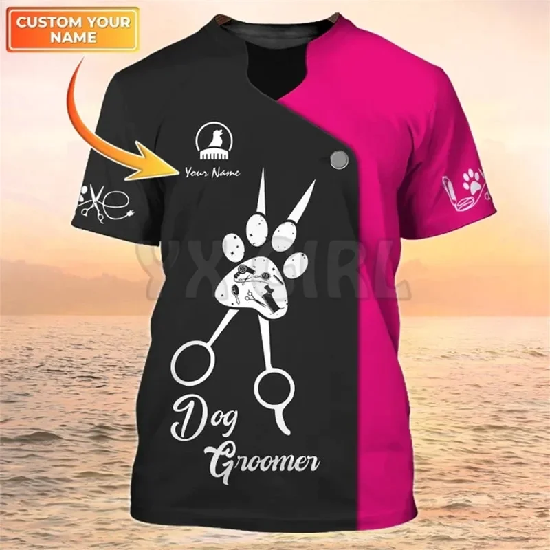 Camisa 3D con nombre personalizado para hombre, uniforme de aseo para perros, color negro y rosa, verano, 2024