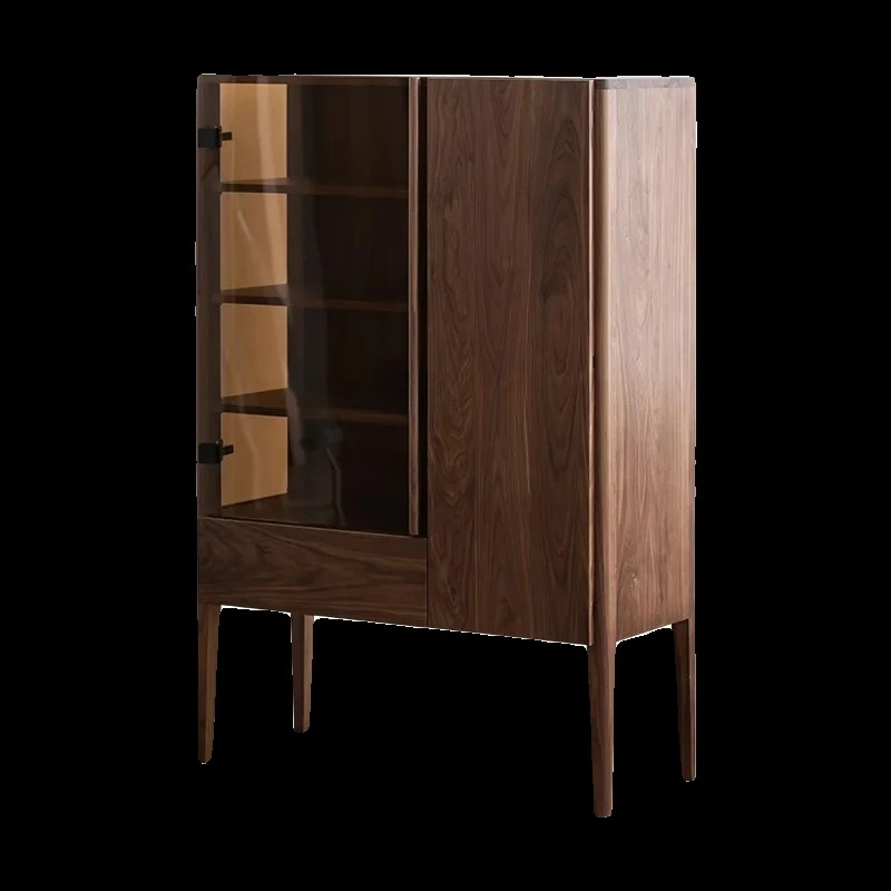 Black walnut glass door, dining side cabinet, all solid wood household multi-functional bookcase, wine cabinet