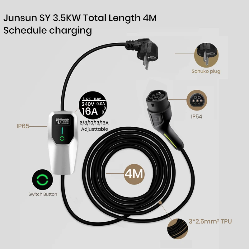 Junsun IP65 EV Charger Type2 Max Power 3.6KW App Control Scheduled charging and scheduled charging 1-Phase 6A/8A/13A/16A