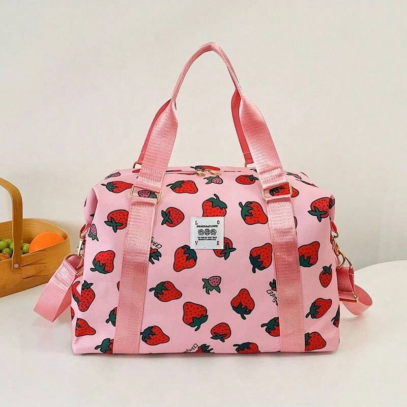 

Strawberry Print Tote Bag Waterproof Travel Handbag Girly Style Shoulder Bag Large Capacity Commuting Daypack Cute Underarm Bags