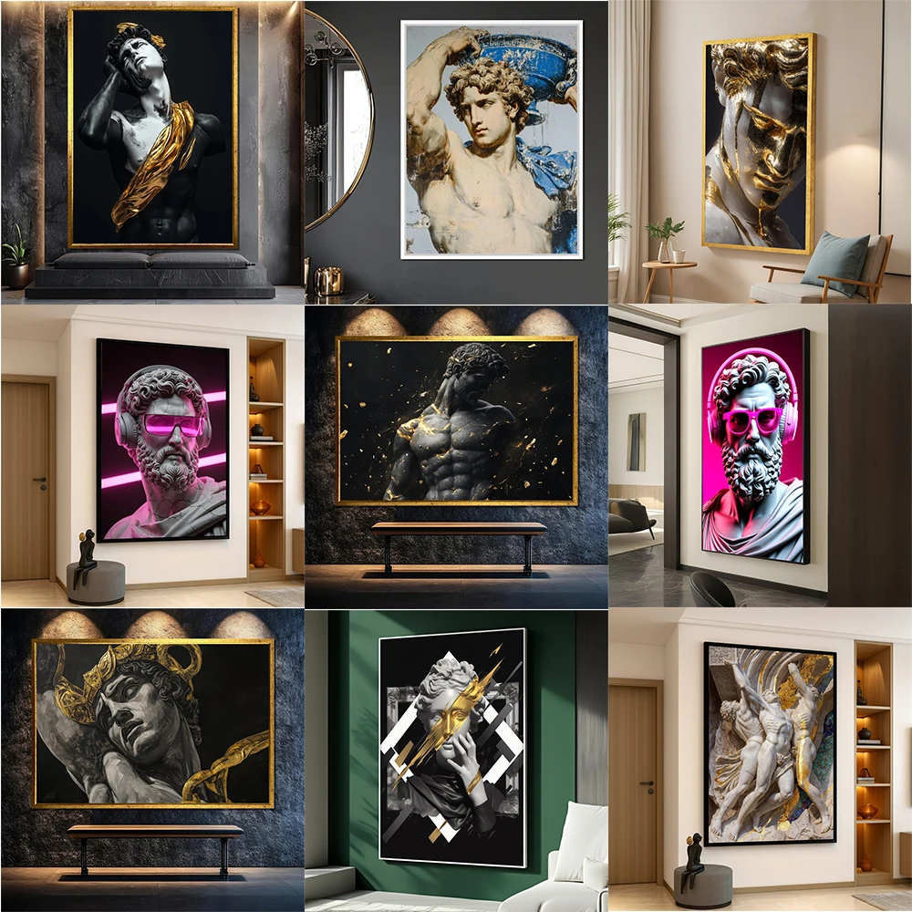 Marble Statue With Blue Urn Prints Greco Roman Sculpture Print Classical David Statue Canvas Painting Renaissance Art Wall Decor