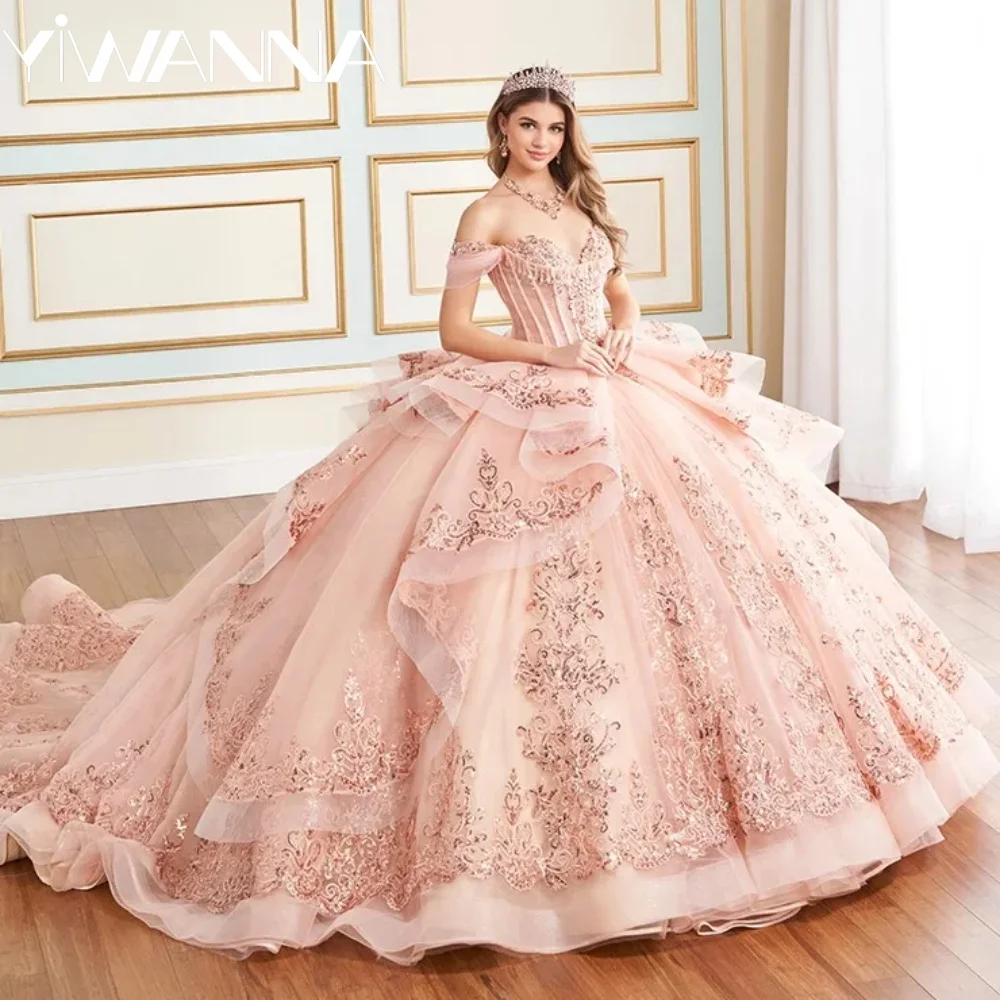 

Dazzling Sweetheart Sparkling Glitter Tulle Lace Applique Quinceanera Dress Pink Embroidery Sweet 16 Birthday Party Prom Gown
