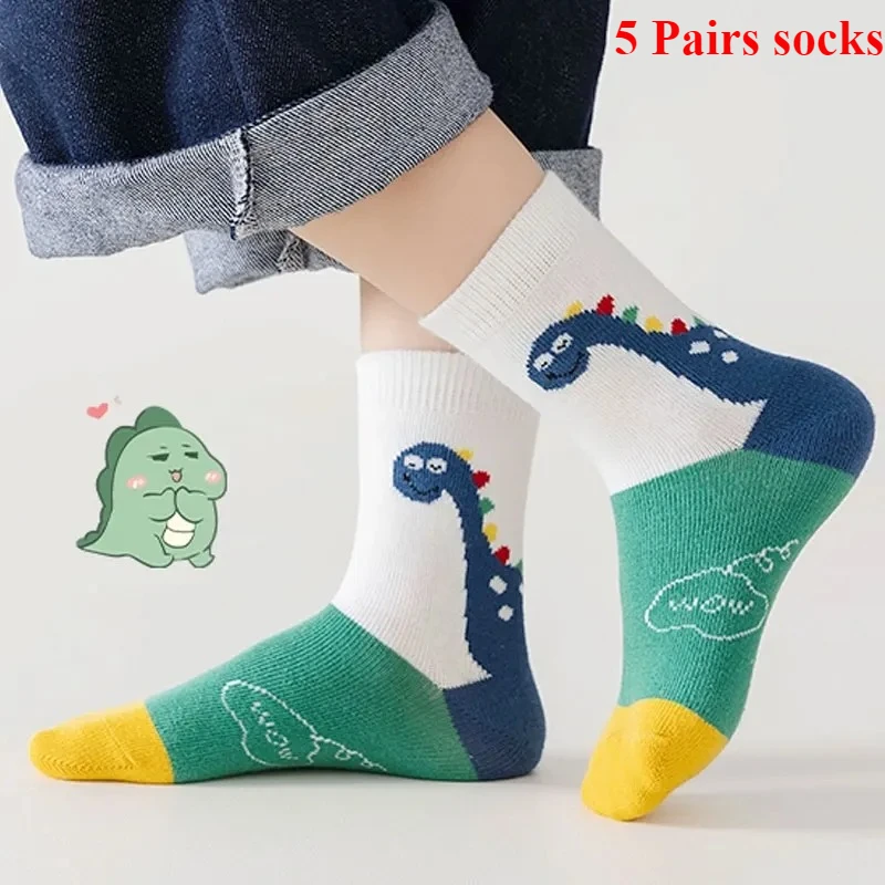 

5 Pairs/Lot Winter Warm Baby Socks Thermal Thick Cotton Short Sock for Infant Autumn Cute Cartoon Dinosaur Print Kids Socks