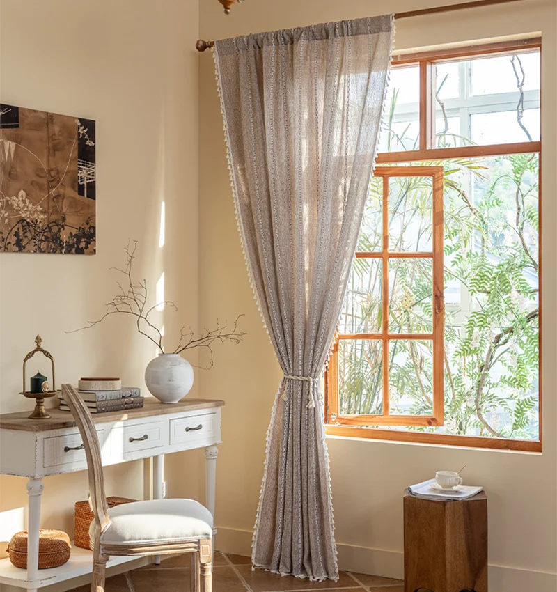 Bohemian Style Khaki Geometric Tassel Curtains Semi Blackout Curtains for Living Room Bedroom Kitchen Home Decoration Curtains