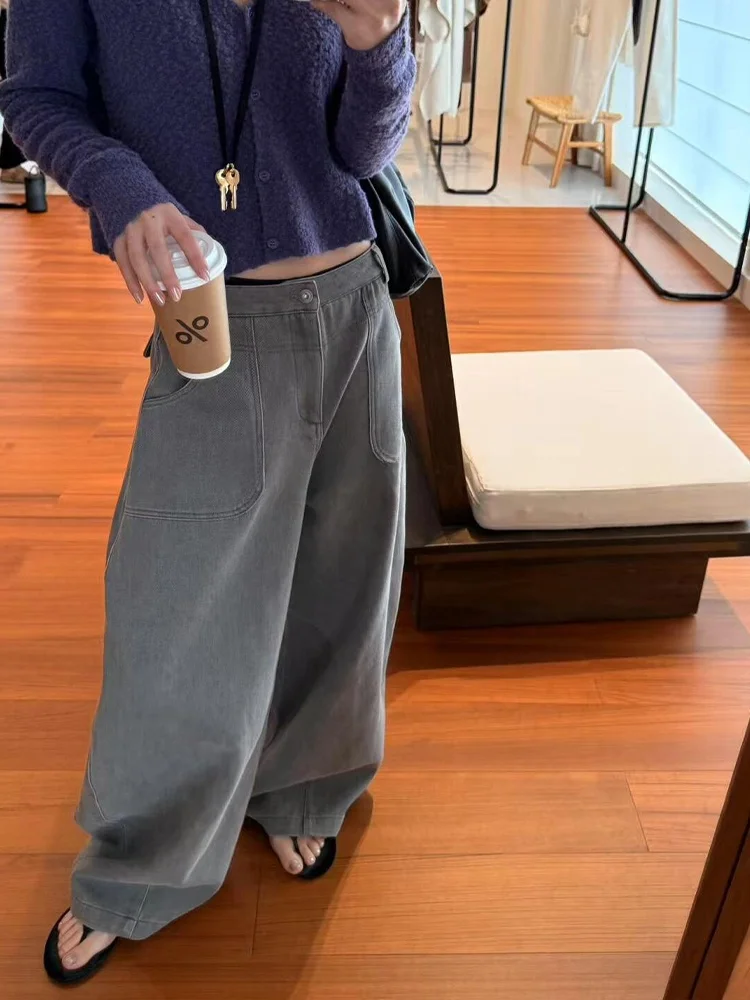 

Американские джинсы в стиле High Street Design Sensory Pressure с круглыми карманами-арками, женские, в стиле Spicy Girl, свободные, расслабленные, удлиненные до пола.