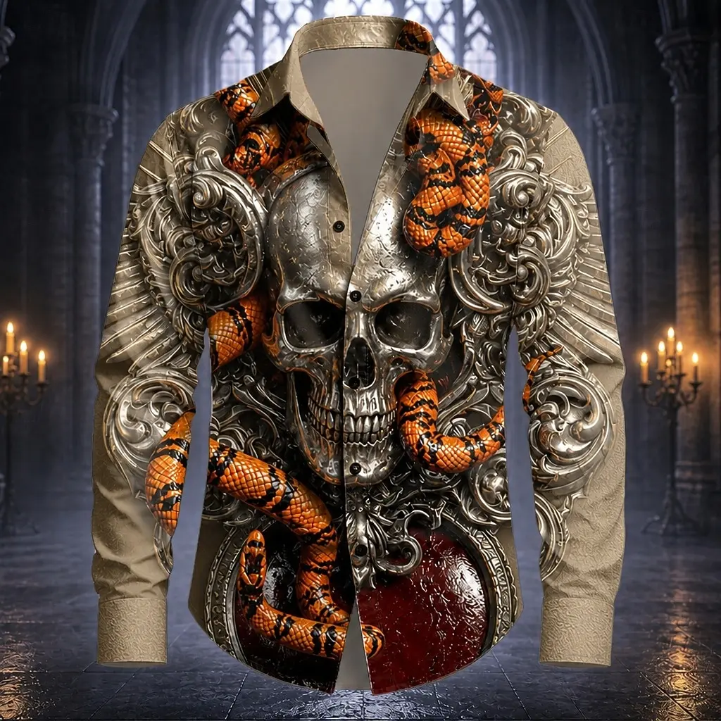 Men Gothic Snake Skull 3D Print Long Sleeve Shirt Halloween Horror Lapel Button Down Casual Unisex Tops