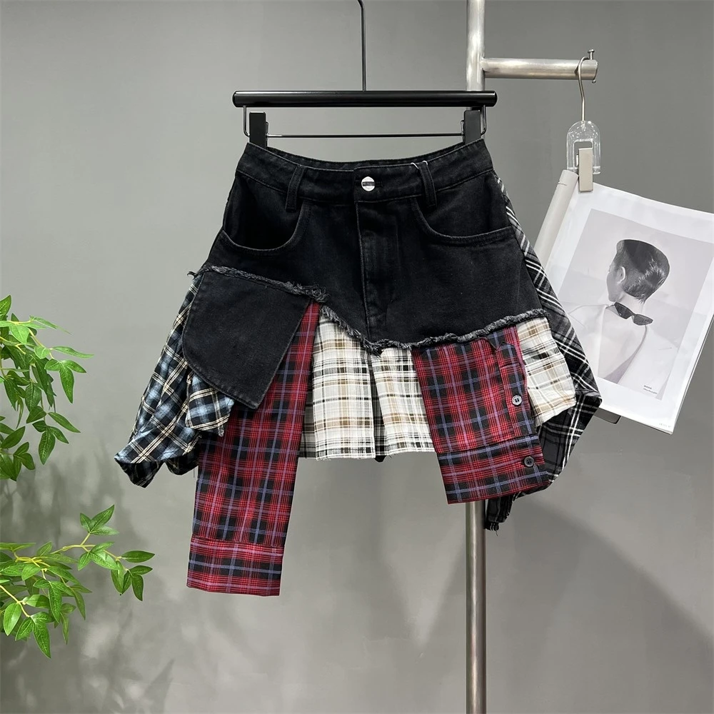 DEAT Fashion Women\'s Denim Skirt High Waist Plaid Patchwork Contrast Color Irregular Mini Skirts Summer 2024 New Tide 16U9004