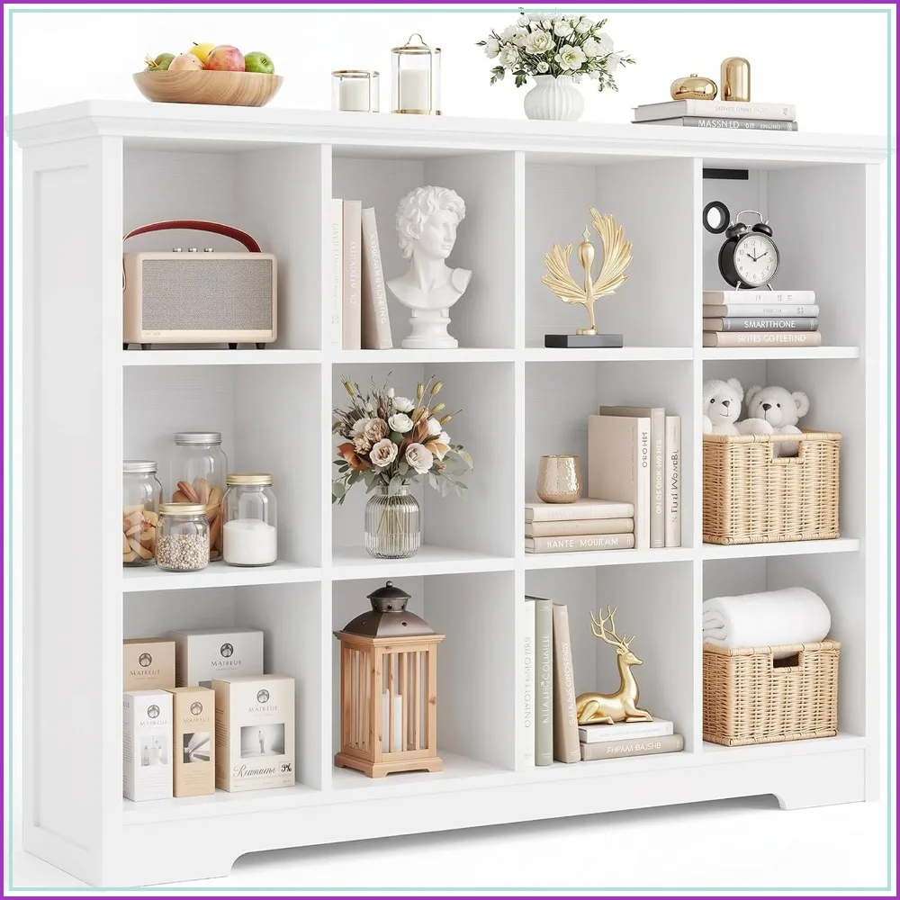 Wooden 12-Cube Storage Organizer with Charging Ports, 4-Tier Open Bookshelf for Home Office, White