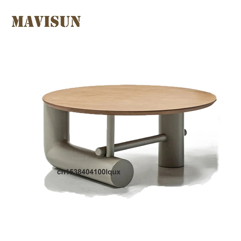 

Modern Minimalist Style Mushroom-Shaped Solid Wood Round Coffee Table Solid Wood Stainless Steel Frame 0.9meters Round Tea Table
