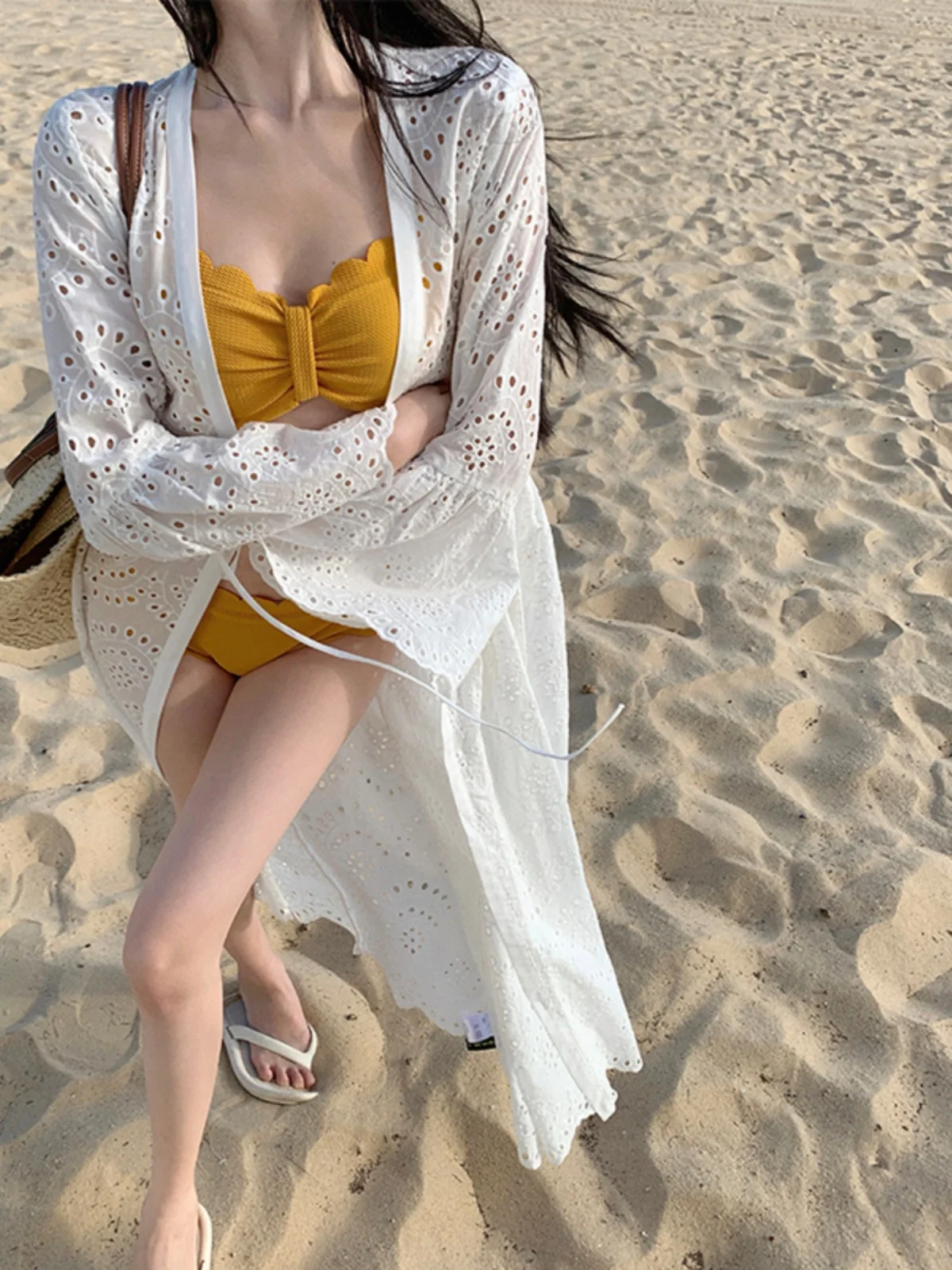 

Длинный ажурный вышитый кардиган Bell Sve, женский летний пляжный кардиган, солнцезащитная верхняя одежда, свободный крой V Ne