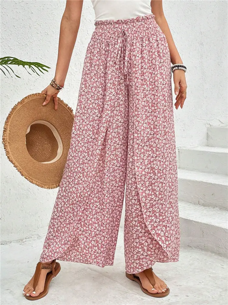 

Women Summer Floral Pants Sexy Slit Wide Leg Trousers Girls Elegant Harem Pants High Elasticated Waist Casual Bottoms