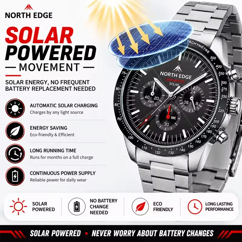NORTH EDGE Men Quartz Watch Solar Powered Stopwatch Waterproof 50m 316 Full Stainless Steel Luminous Pilot Watch LONGWINGS