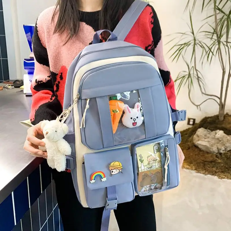 Backpack For School Aesthetic 4-pcs Girls School Backpack Shoulder Bag Pencil Bag Waist Bag Set With Cute Pins And Pendants For