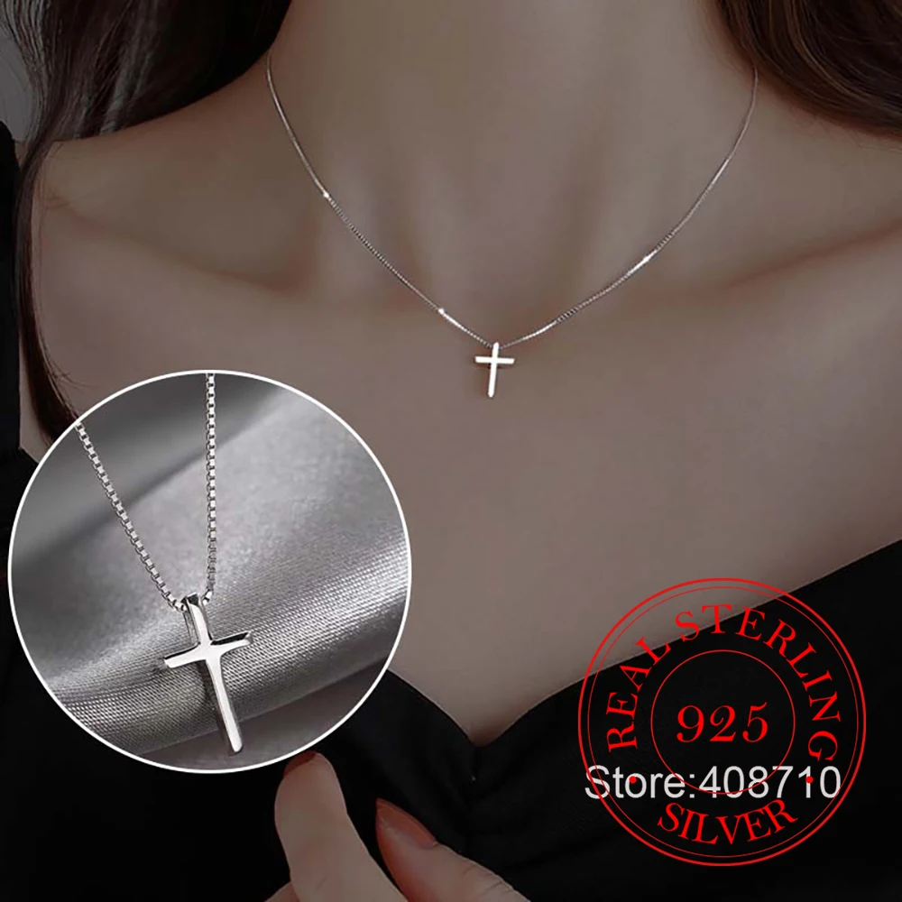 

925 Sterling Silver Simple Cross Pendant Necklace For Women Box Chain Choker Wedding Engagement Party Jewelry Gift