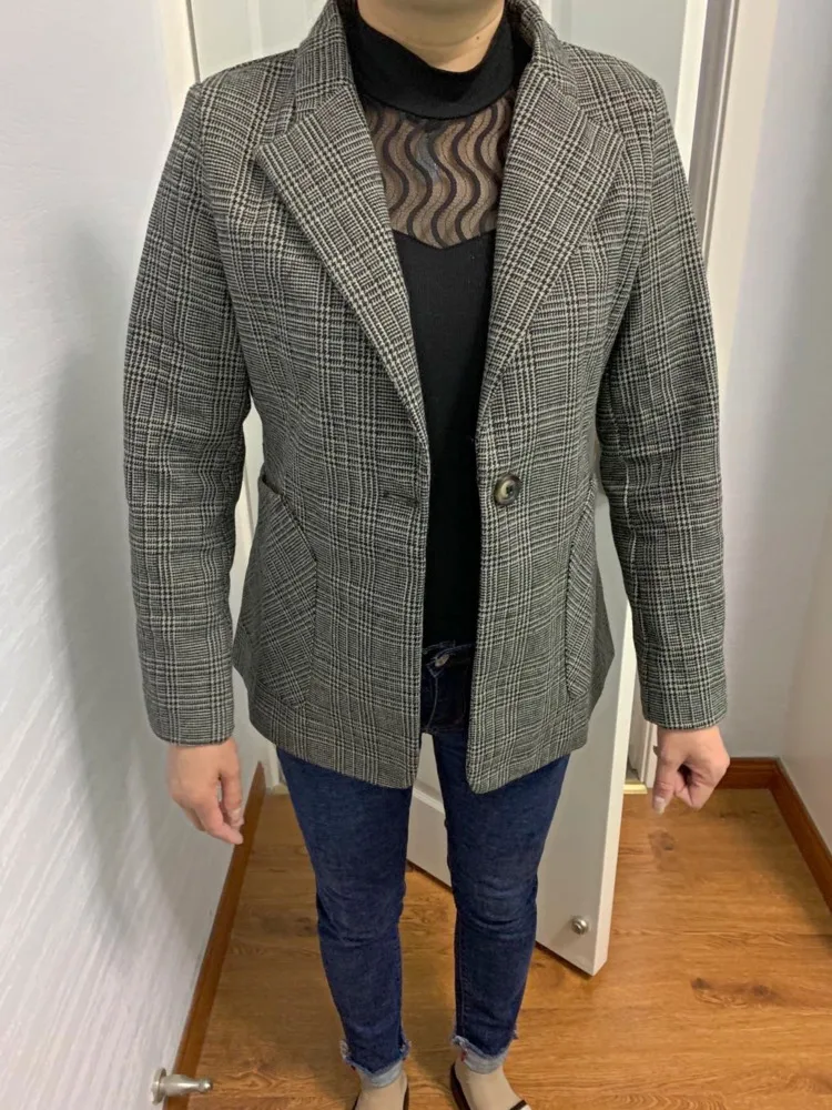 PEONFLY Vintage Office Lady karbowany kołnierzyk Plaid Women Blazer zapinany na jeden guzik jesienna kurtka 2022 casualowe kieszenie damskie