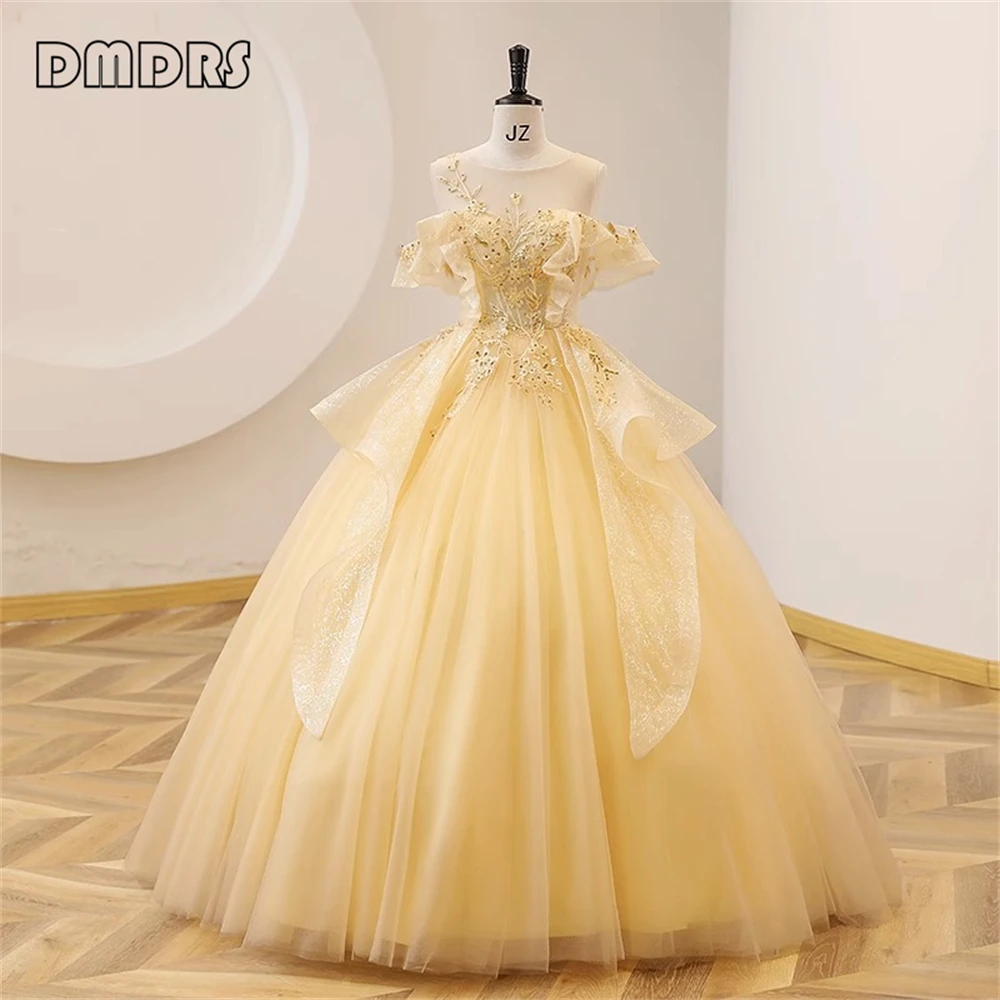 Sheer Neck Sweet 15 Dress for Women Yellow Tulle Ball Gown Prom Formal Dresses Off Shoulder Lace Appliques Party Gown