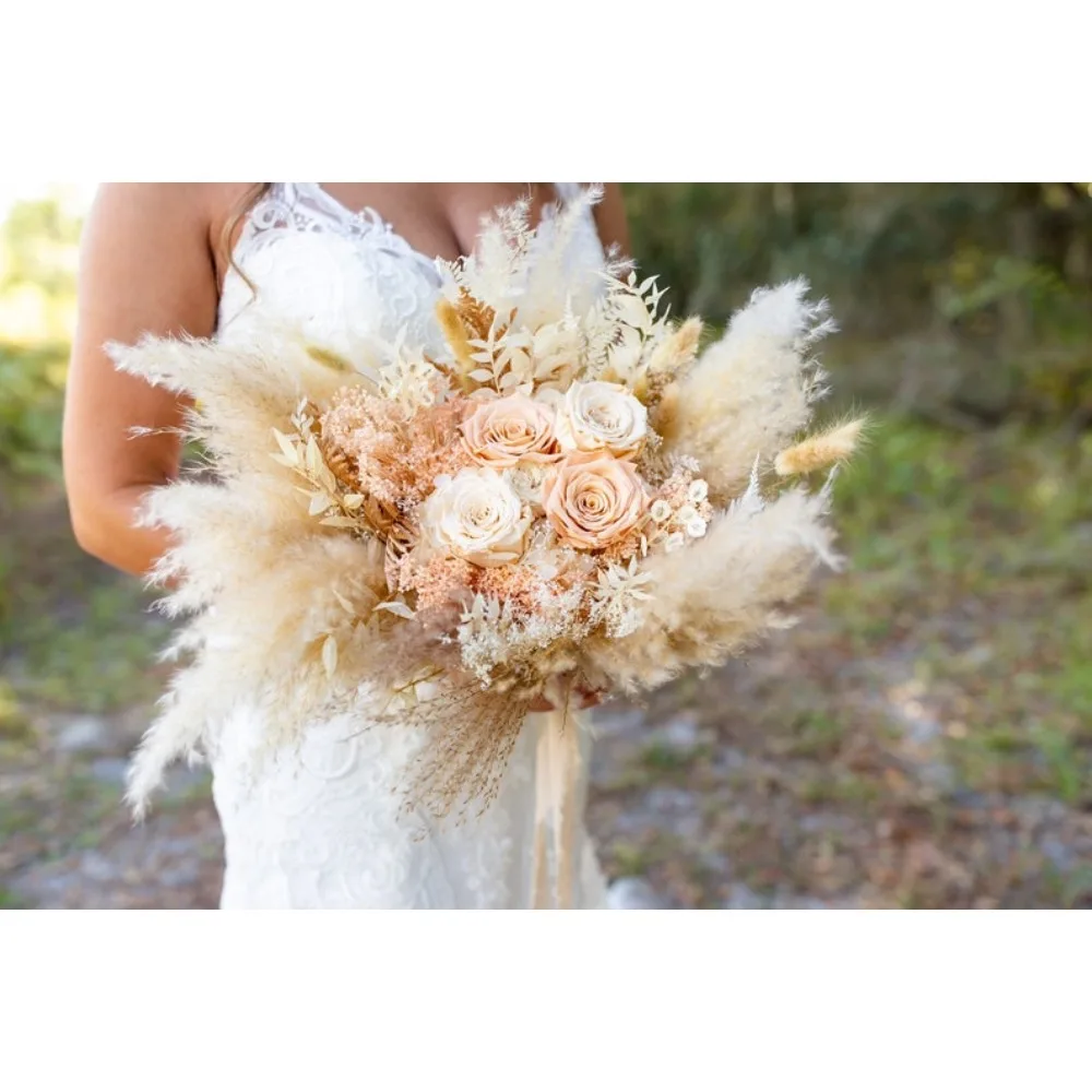 Flores secas, café, melocotón, rosa de peluche, novias y damas de honor, flores de boda