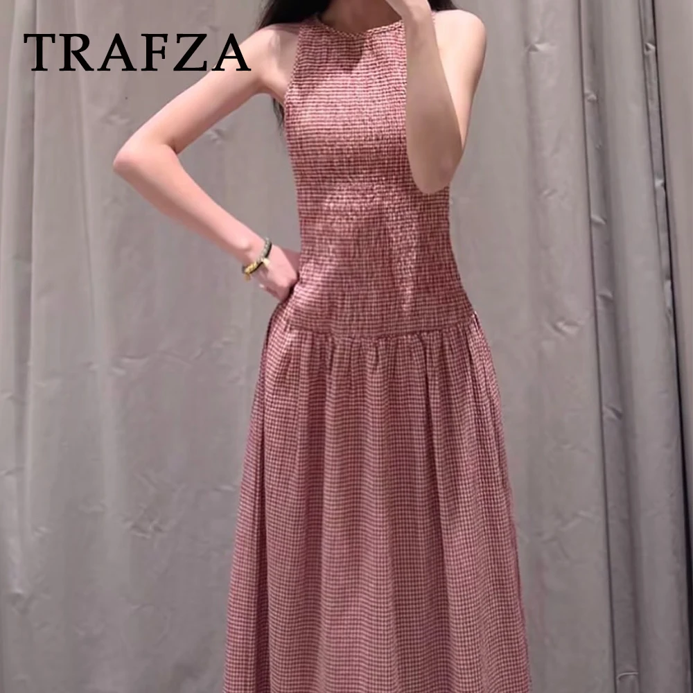 Kondala Chic Casual Plaid Vrouwen Jurken Plaid O-hals Geplooide Mouwloze Lange Trui Jurk 2025, Mode Zomer Vrouwelijke Vestido