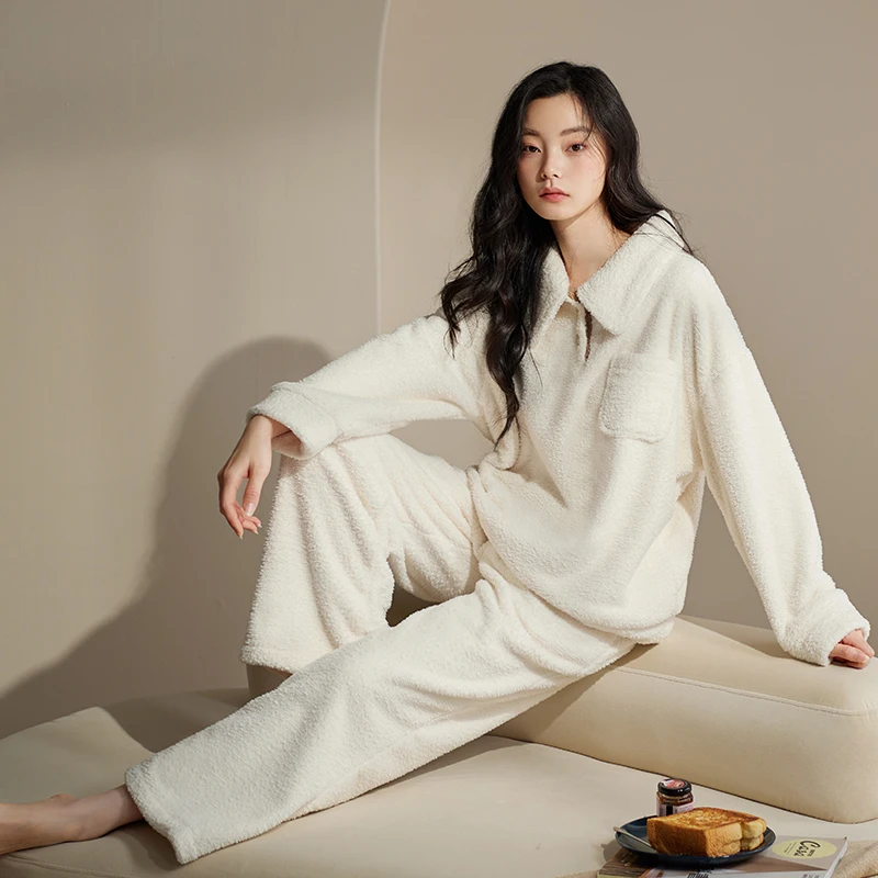 

Теплые женские пижамы из плотного вельветового флиса с отложным воротником, с длинными рукавами, для дома, осень-зима