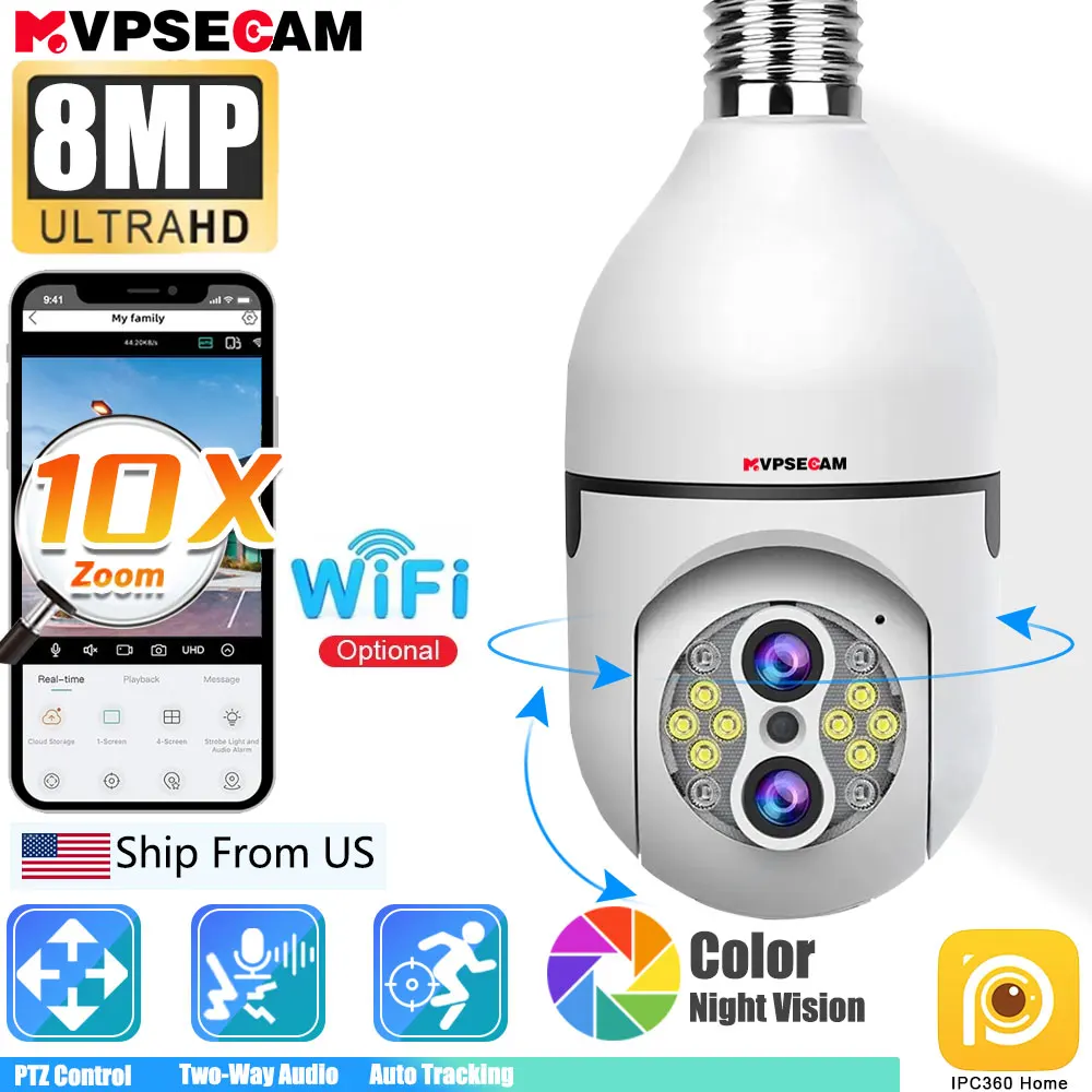 

IPC360 Home New 10X PTZ Zoom Bulb E27 IP Camera Outdoor Security Protection WiFi 4K 8MP Color Night Vision Two Way Video Phone