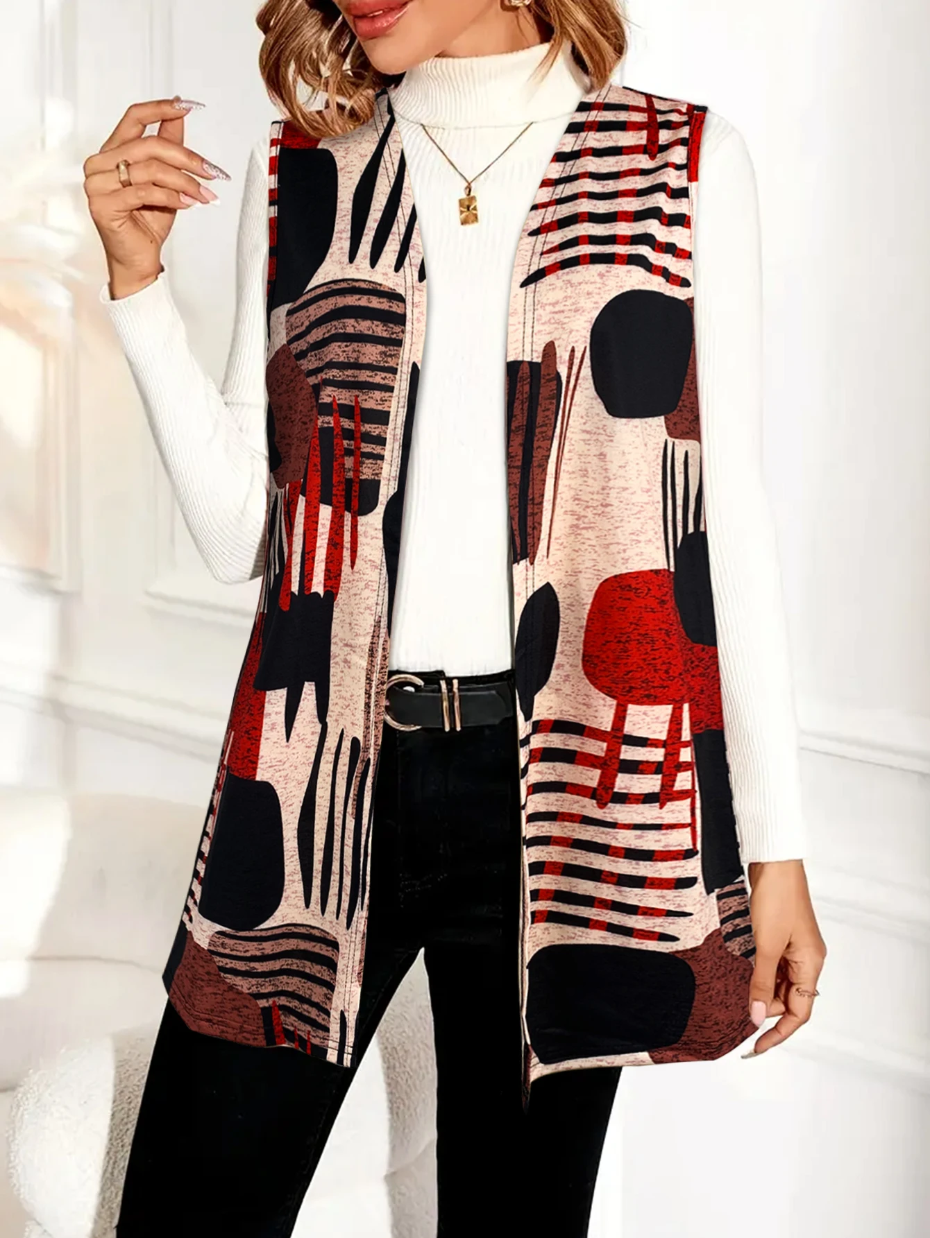 Women's Sleeveless Open - Front Vest (No Inner Wear), Abstract Geometric Print, Casual Trendy Layering Piece Without Inner Garme