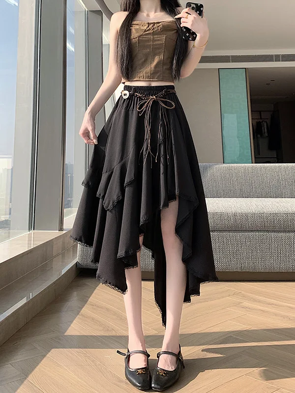 Fashionable High-End Feel 2026 New Summer Women's Design Retro Asymmetrical Lace Trim Half-length Skirt Elegant High Waist A-...