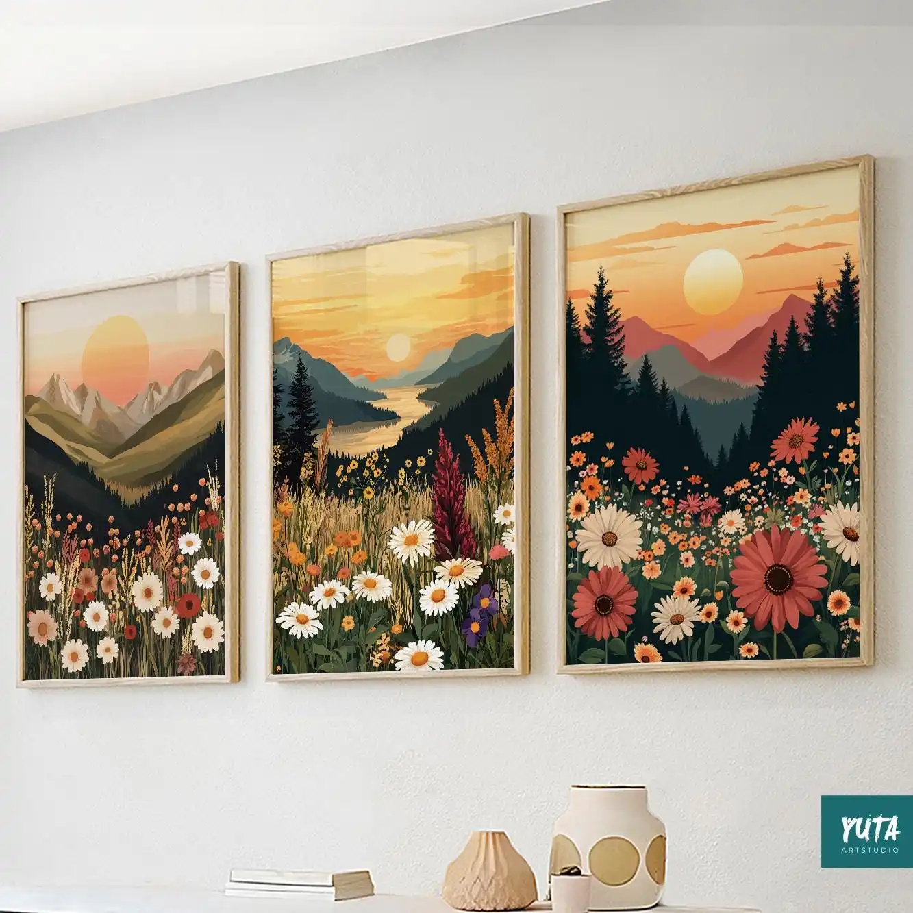 Rahmenlose Leinwandbilder: Boho-Bergsonnenuntergang-Leinwand-Wandkunst-Set, Wildblumen-Landschaftsdrucke, minimalistische Bilder für Wohnzimmer und Schlafzimmer
