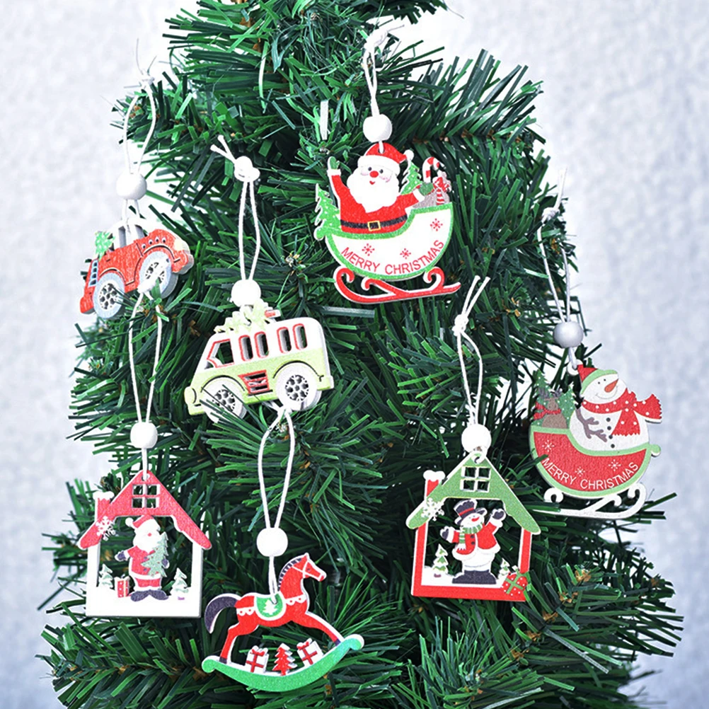 

24 Pcs Wooden Christmas naments Painted Hanging Decor Tree Sled Baubles Xmas Party Supplies Home Garden Decoration