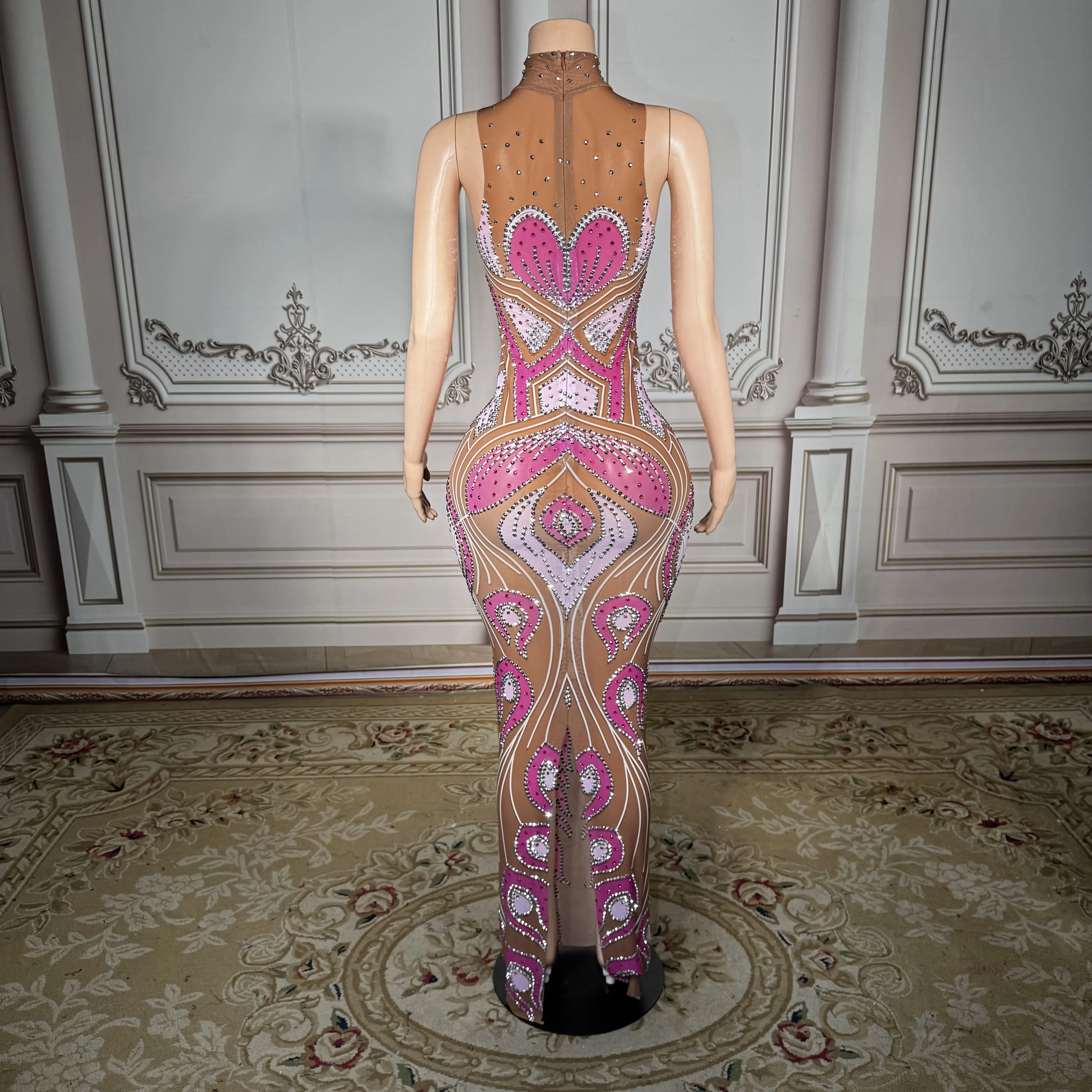 ZD Glamour Robe longue sirène en cristal rose – Robe de soirée moulante transparente sans manches avec strass pour femme,