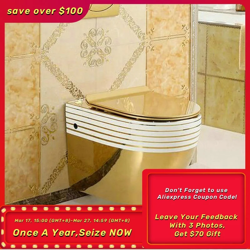 MAEBOW Golden Artistic Wall Hang Toilet Closestool WC Pan P-Trap Toilet Wash Down Toilet Gravity Flushing Wall Hang Toilet