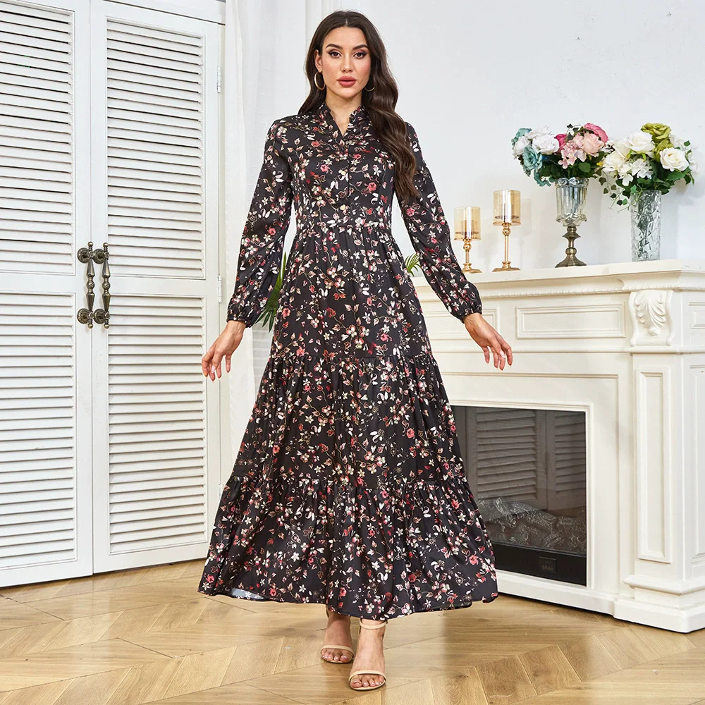 Middle East Saudi Arabia Women's Wear Muslim Luxury Fashion Women's Wear Dubai Printed Robe Waist slimming Dress Robe