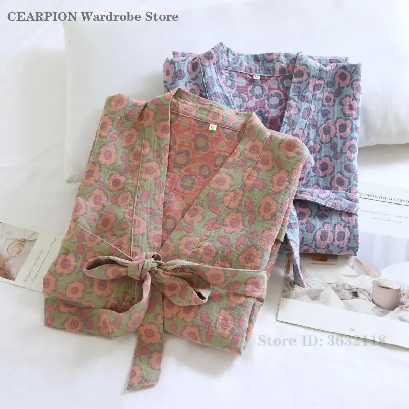 

Ретро-халат с жаккардовым цветочным узором, хлопковый женский халат-кимоно, новая весенняя модель, свободная повседневная домашняя одежда для сна