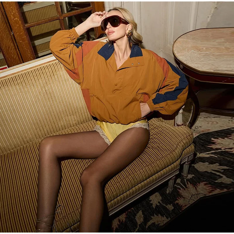 Elegant Contrast Jacket Women Loose Full Sleeve Stand Collar Button Jackets Female 2026 Fashion Autumn Outwear Lady